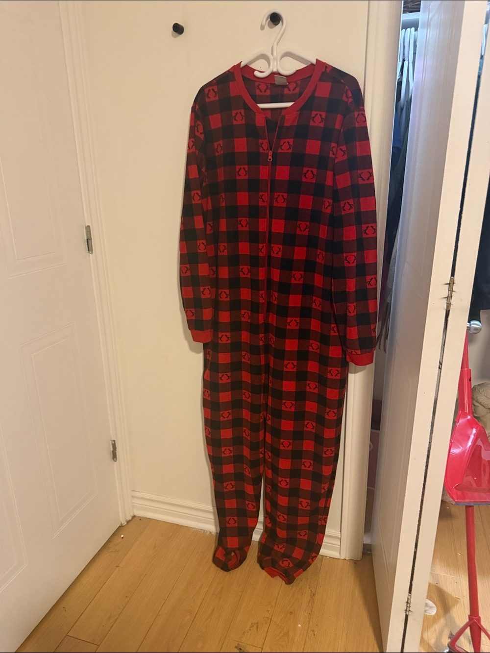 Red and Black Buffalo Plaid One-Piece Zip Pajama